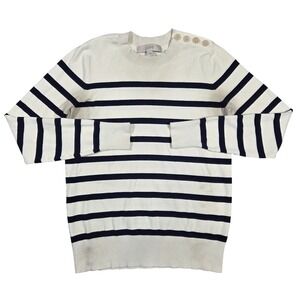 LOFT Womens Striped Fishermen Crew Neck Sweater Preppy Cream Navy Blue Size S